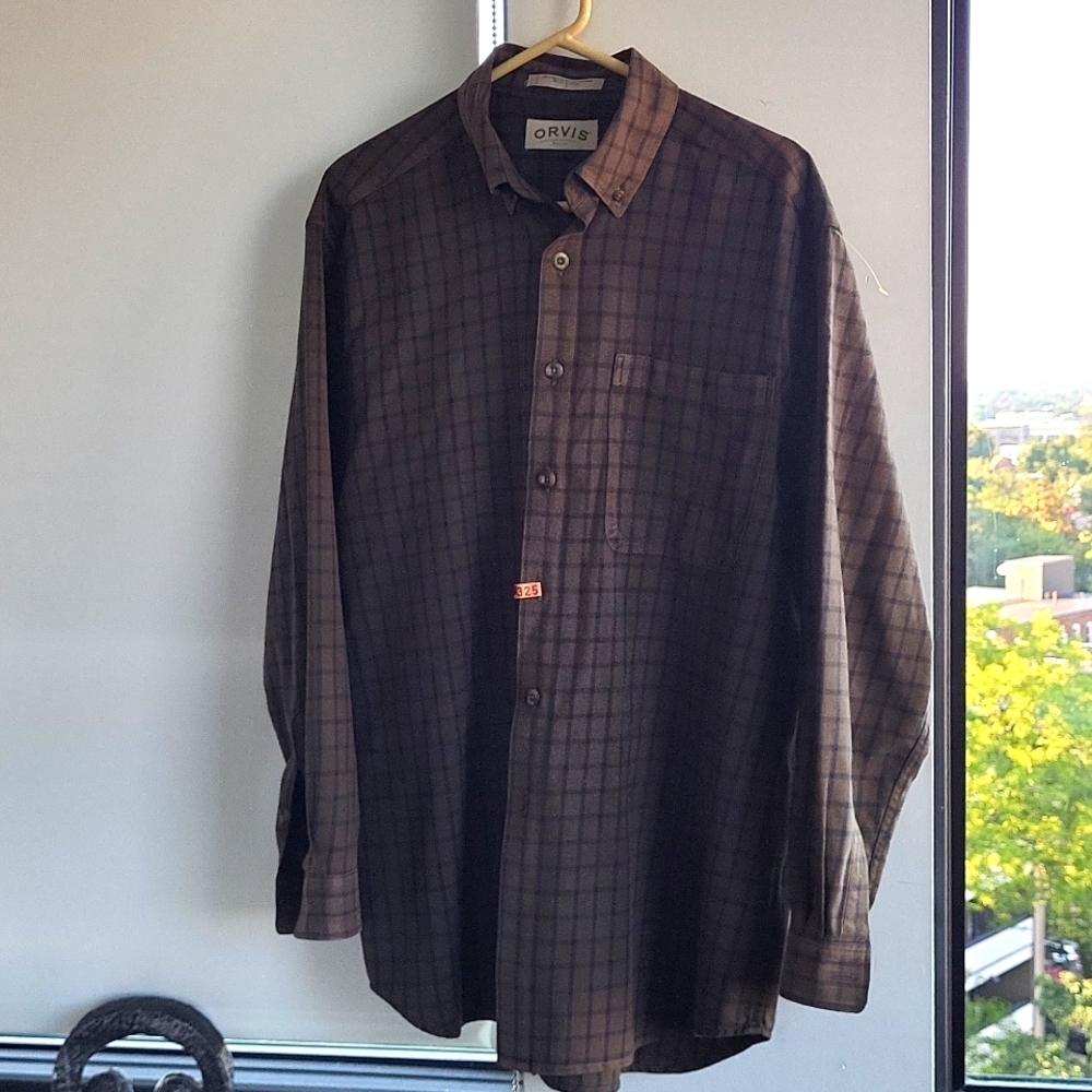 Orvis Men’s Brown Plaid Button Down  Casual Outdoors Size L